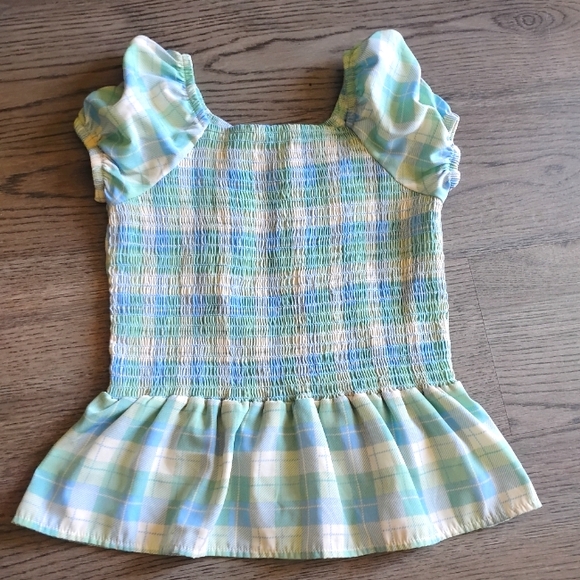 Lily Bleu Plaid Smocked Ruffle Sleeve Peplum Top Blue Green Girls 8 - Picture 1 of 6
